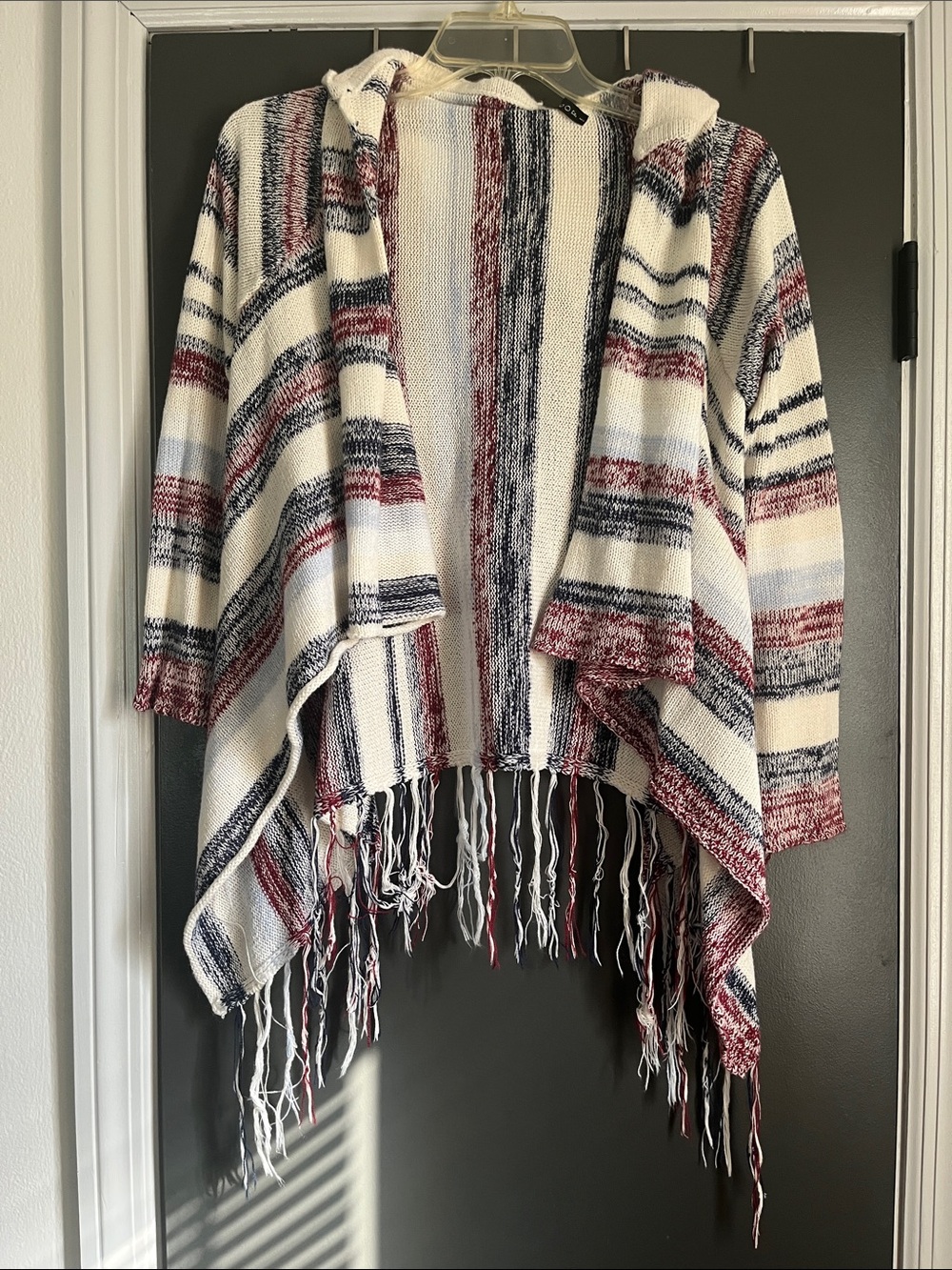 Poof! Ivory Hooded Fringe Cardigan with Navy and Burgundy Stripes